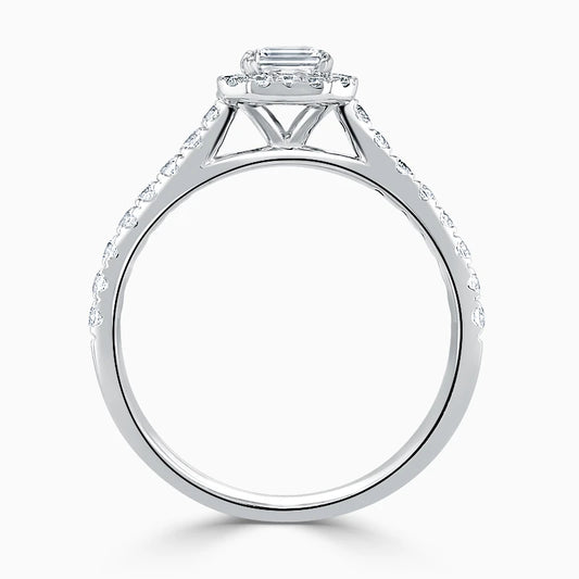 Hafeez Jewellery London Myrrh platinum emerald diamond halo engagement ring - front view