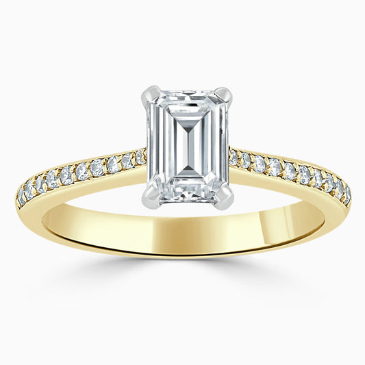 Hafeez Jewellery London Saffron 18k yellow gold emerald diamond side stone pave engagement ring - top view