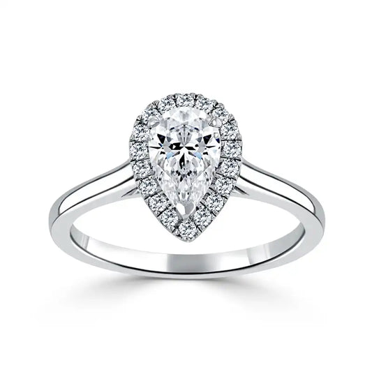 Hafeez Jewellery London Sandalwood platinum pear diamond halo engagement ring - top view