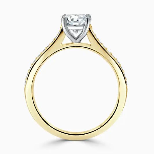 Hafeez Jewellery London Saffron 18k yellow gold round diamond side stone pave engagement ring - front view