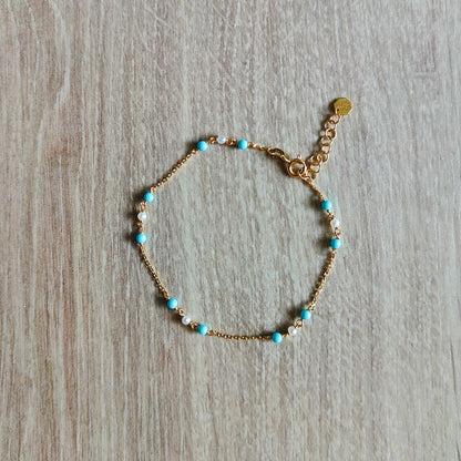 Hafeez Jewellery London 18k Yellow Gold Turquoise and Pearl Beaded Bracelet
