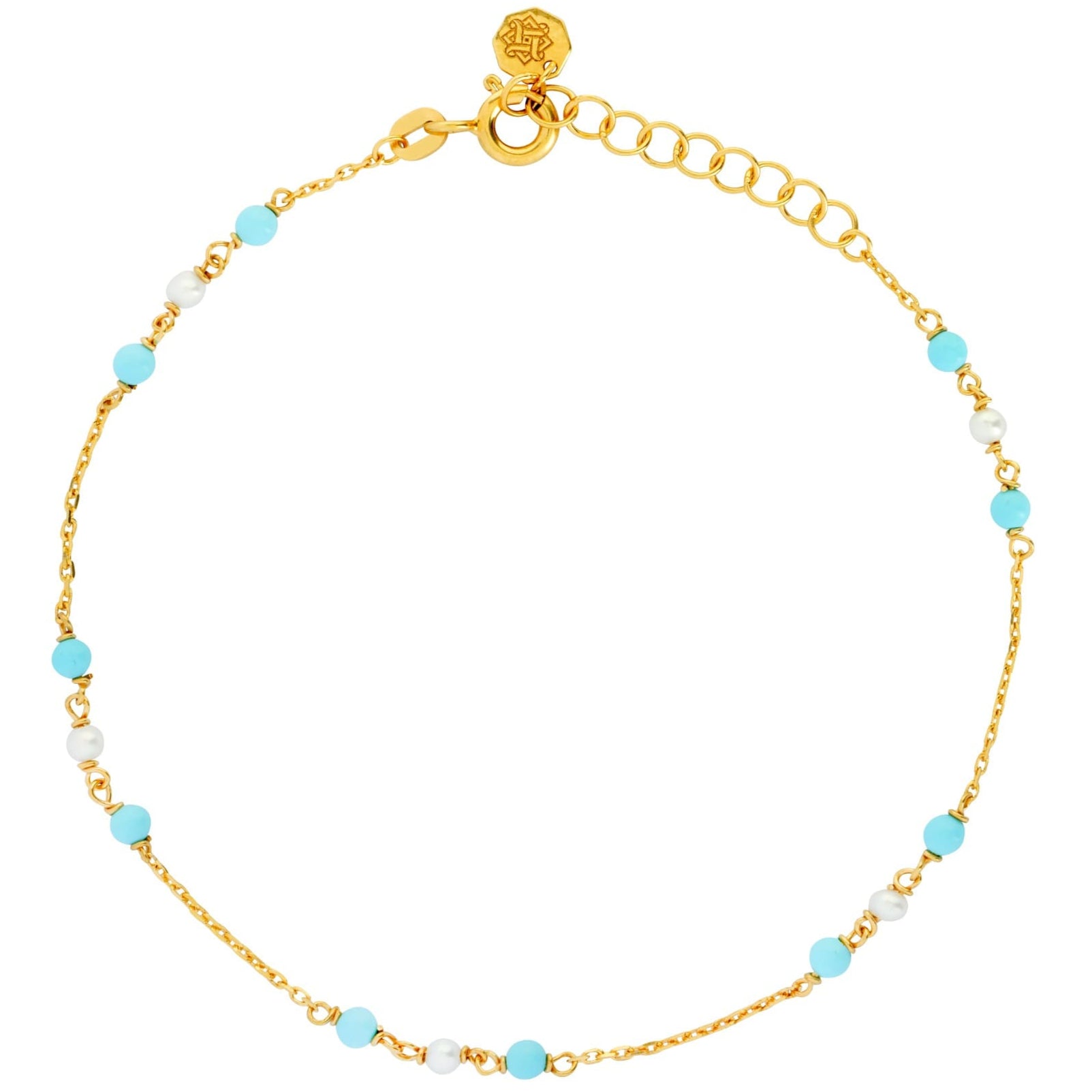 Hafeez Jewellery London 18k Yellow Gold Turquoise and Pearl Bahr Bracelet 
