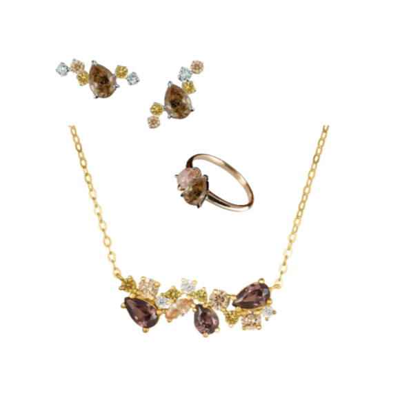 Jewelry set with necklace, ring, and earrings on a white background