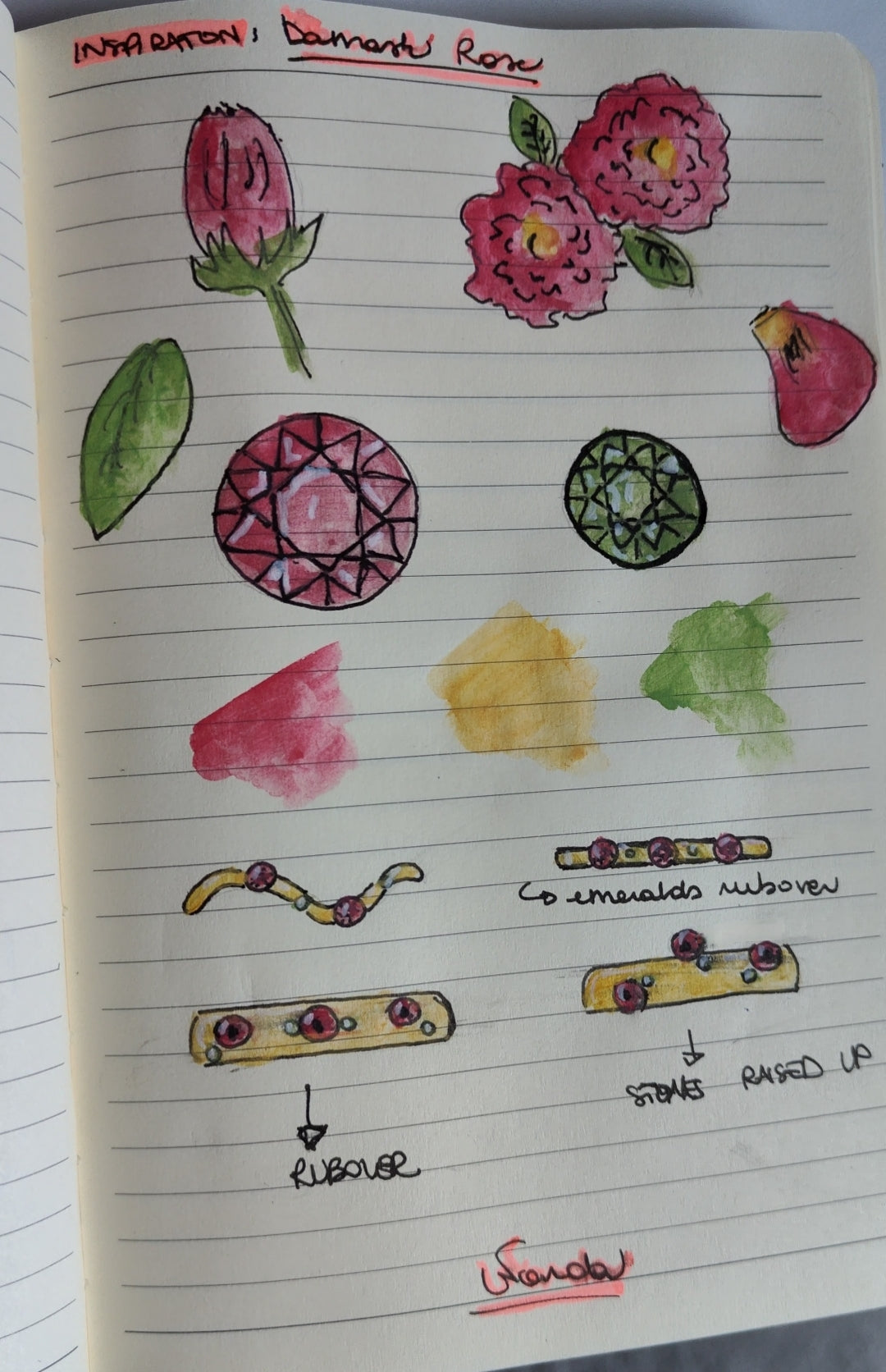 Hand-drawn illustrations of flowers and jewelry on lined notebook paper.