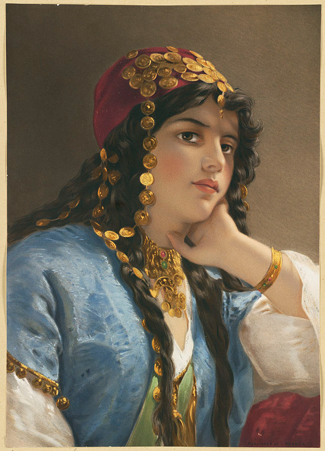 Portrait of a woman with a red headscarf and gold jewelry against a brown background