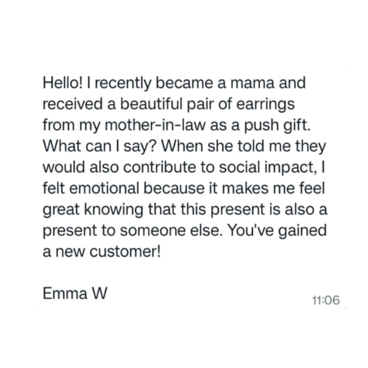Text message from Emma W about receiving earrings as a push gift with social impact.