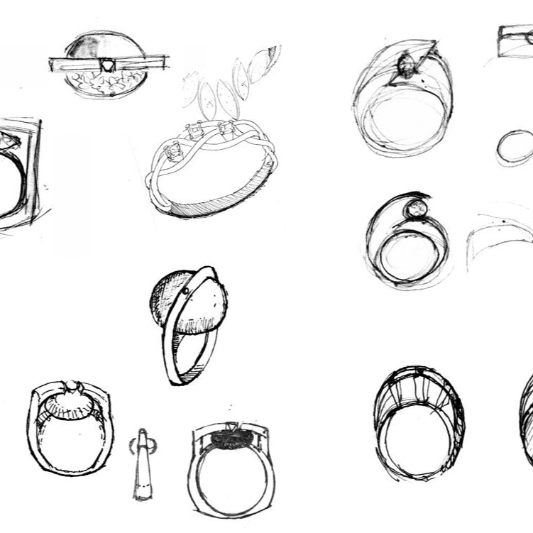 Black and white sketches of various rings on a white background