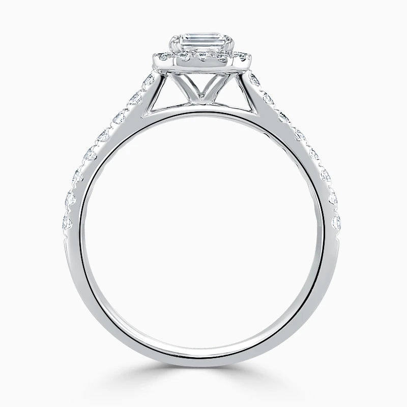 Hafeez Jewellery London Myrrh platinum emerald diamond halo engagement ring - front view