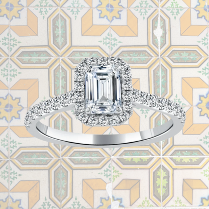 Hafeez Jewellery London Myrrh platinum emerald diamond halo engagement ring - pattern