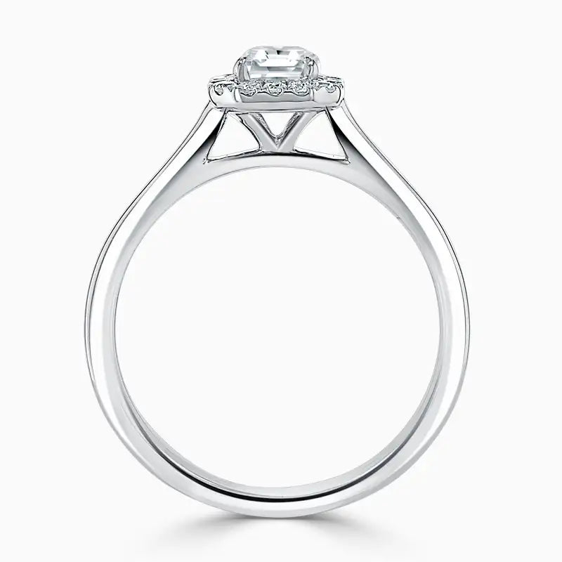 Hafeez Jewellery London Sandalwood platinum emerald diamond halo engagement ring - front view