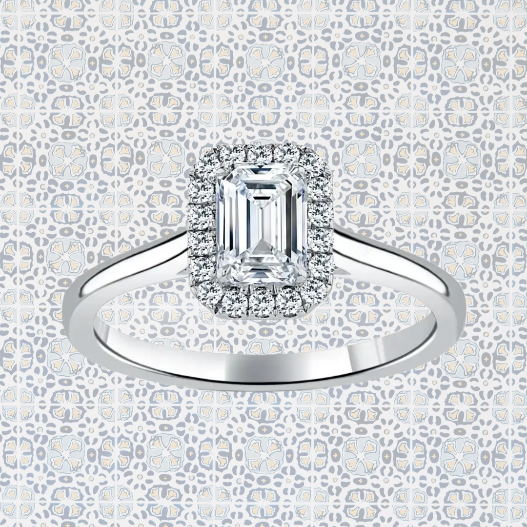 Hafeez Jewellery London Sandalwood platinum emerald diamond halo engagement ring - pattern