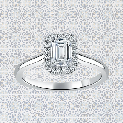 Hafeez Jewellery London Sandalwood platinum emerald diamond halo engagement ring - pattern