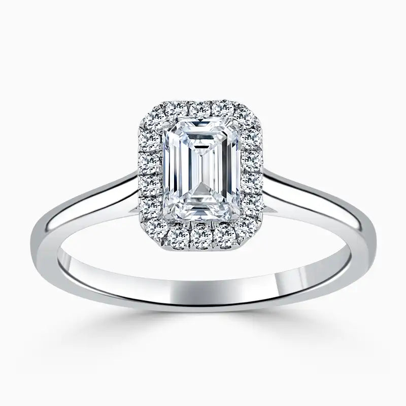 Hafeez Jewellery London Sandalwood platinum emerald diamond halo engagement ring - top view