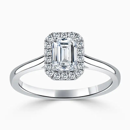 Hafeez Jewellery London Sandalwood platinum emerald diamond halo engagement ring - top view