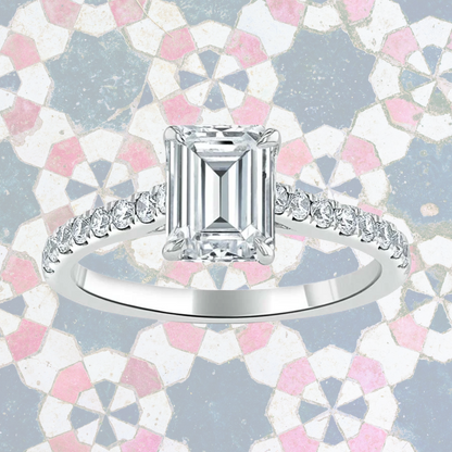 Hafeez Jewellery London Amber 18k white gold emerald diamond side stone engagement ring - pattern