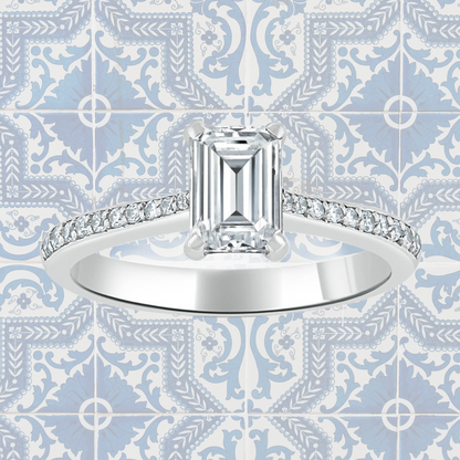 Hafeez Jewellery London Saffron 18k white gold emerald diamond side stone pave engagement ring - pattern