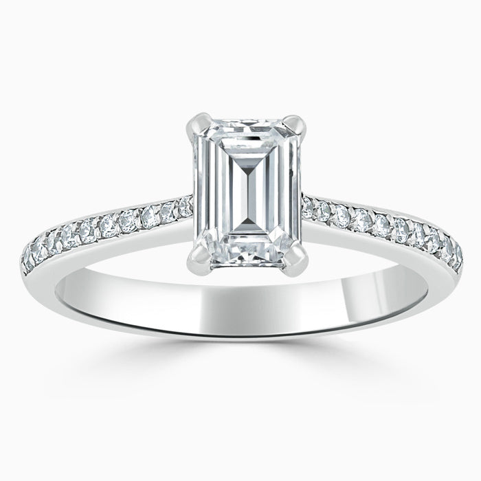 Hafeez Jewellery London Saffron 18k white gold emerald diamond side stone pave engagement ring - top view