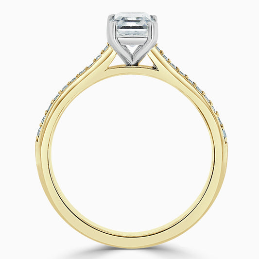 Hafeez Jewellery London Saffron 18k yellow gold emerald diamond side stone pave engagement ring - front view