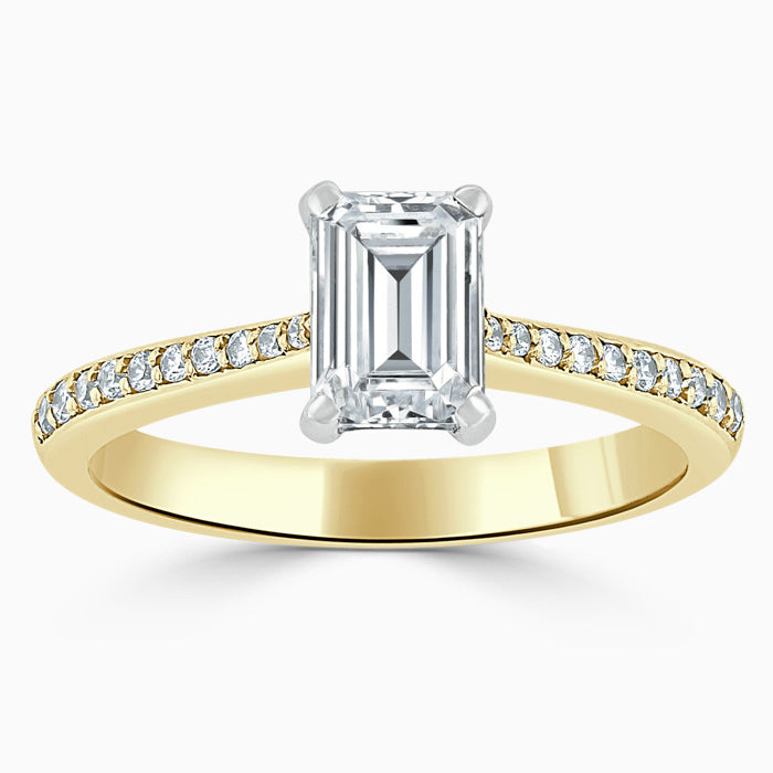 Hafeez Jewellery London Saffron 18k yellow gold emerald diamond side stone pave engagement ring - top view