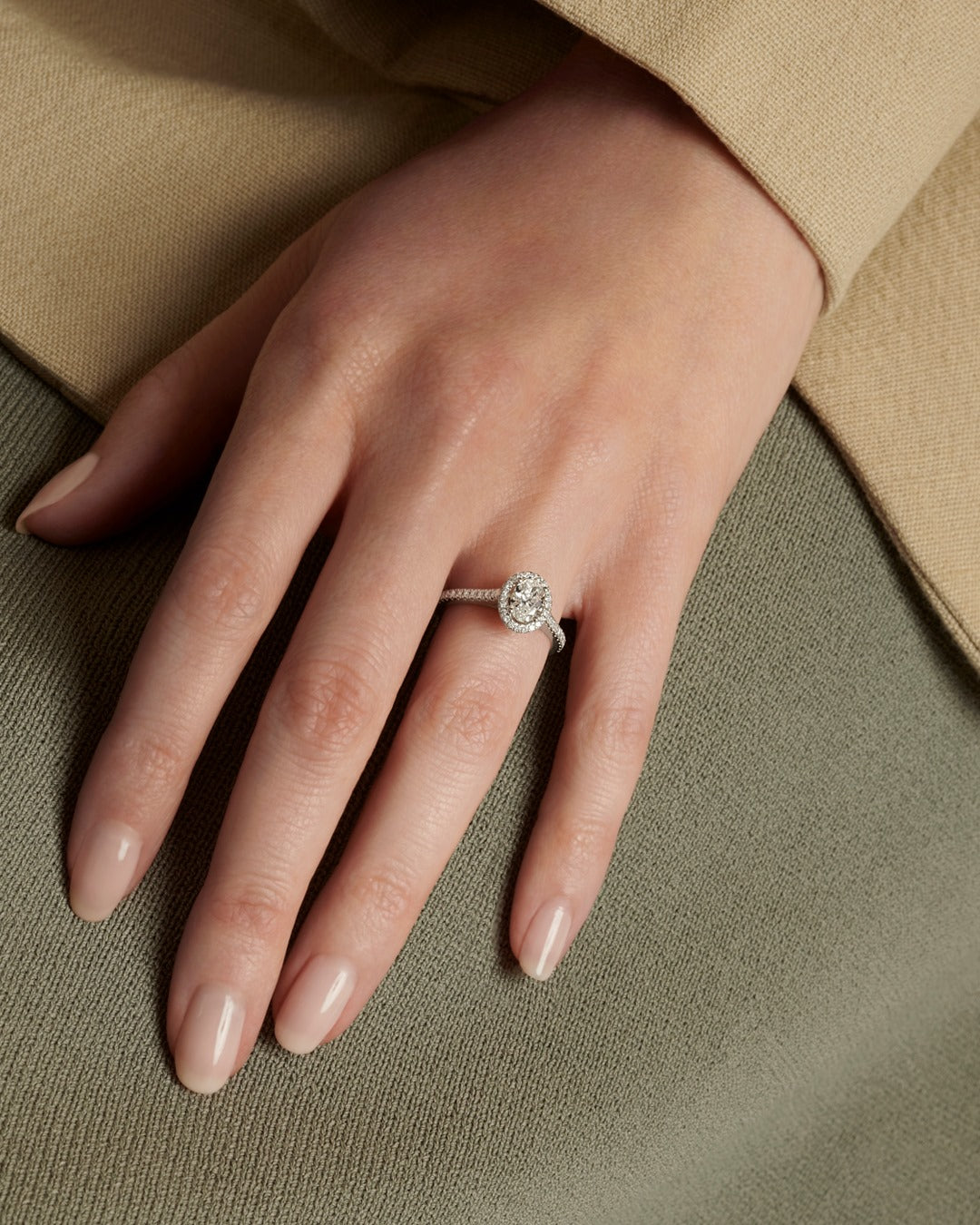 Hafeez Jewellery London Myrrh oval diamond halo engagement ring - on hand model