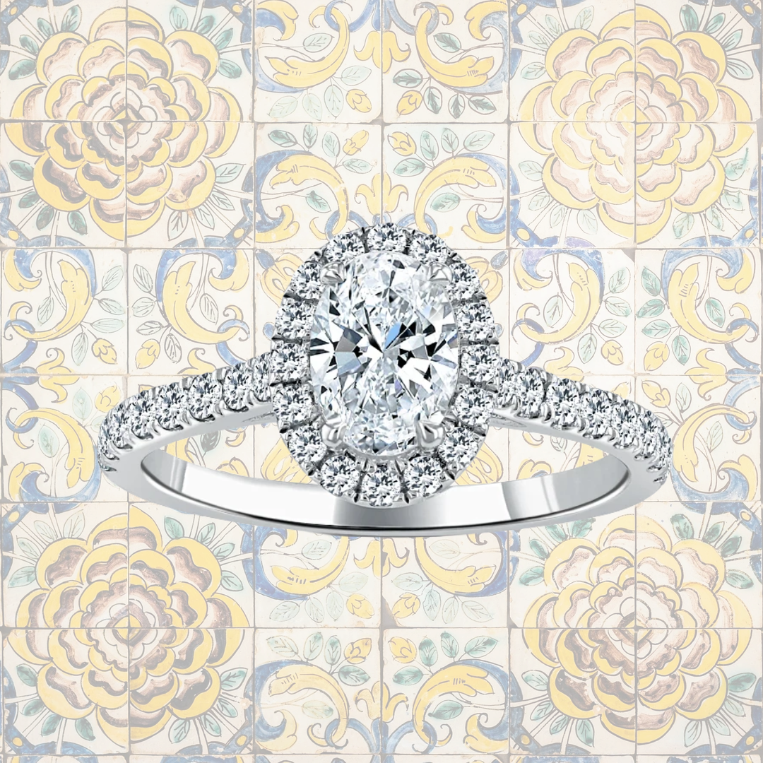 Hafeez Jewellery London Myrrh oval diamond halo engagement ring - pattern