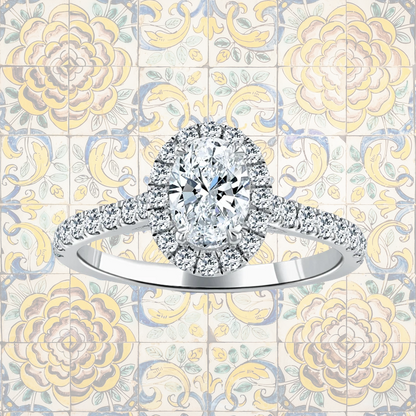 Hafeez Jewellery London Myrrh oval diamond halo engagement ring - pattern