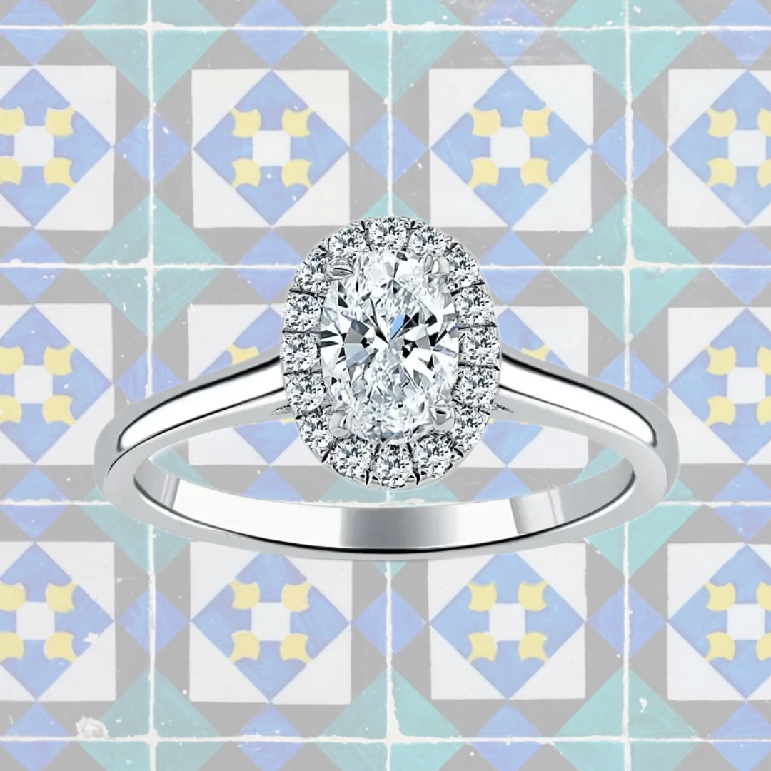 Hafeez Jewellery London Sandalwood platinum oval diamond halo engagement ring - pattern