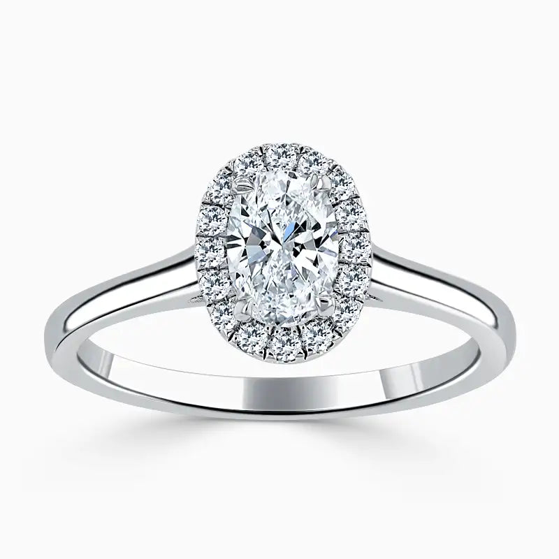 Hafeez Jewellery London Sandalwood platinum oval diamond halo engagement ring - top view