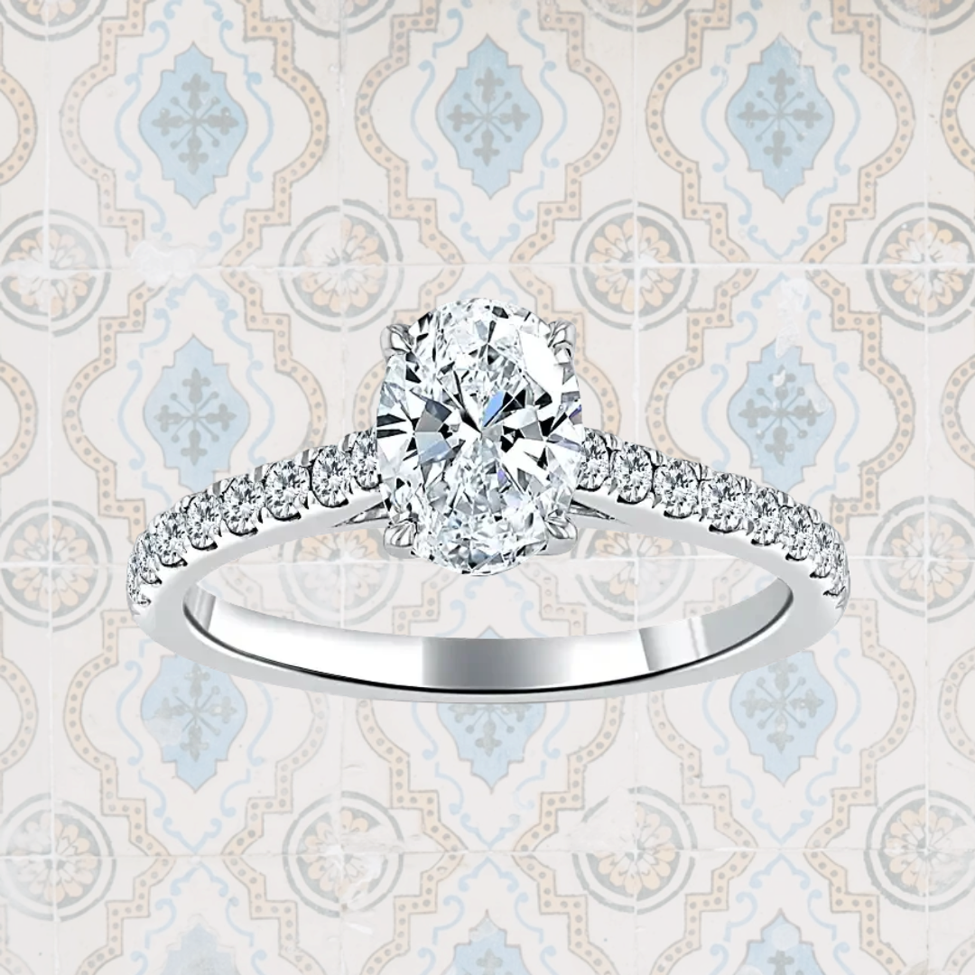 Hafeez Jewellery London Amber 18k white gold oval diamond side stone engagement ring - pattern