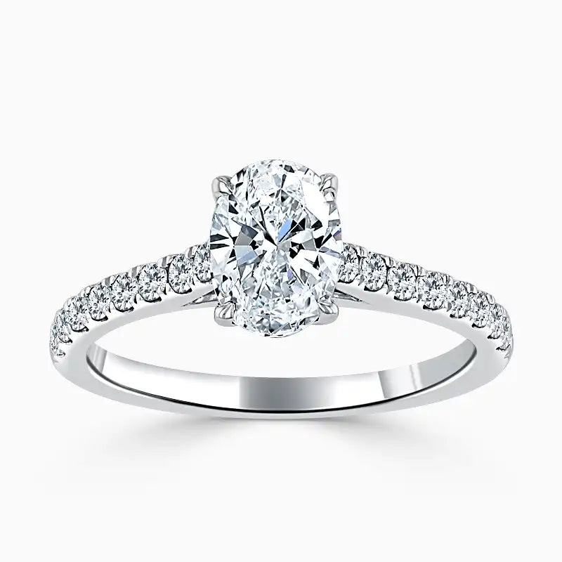 Hafeez Jewellery London Amber 18k white gold oval diamond side stone engagement ring - top view