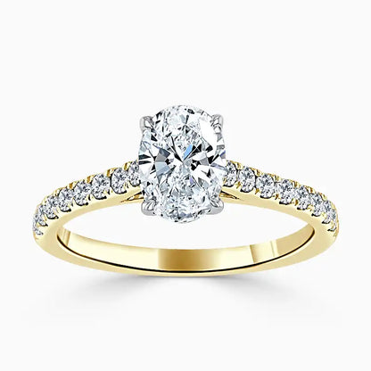 Hafeez Jewellery London Amber 18k yellow gold oval diamond side stone engagement ring - top view