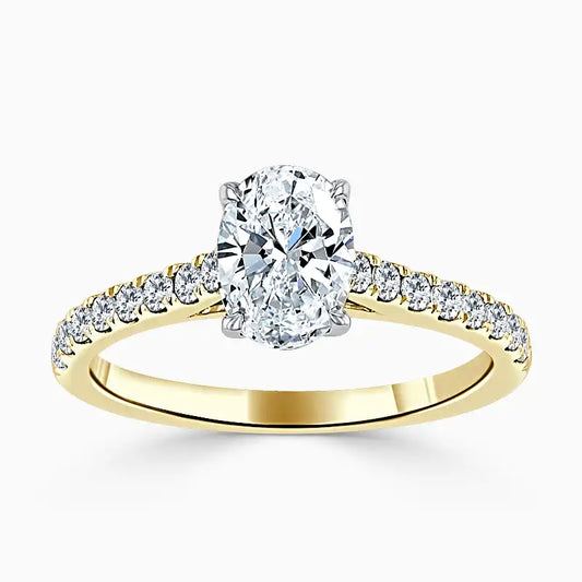 Hafeez Jewellery London Amber 18k yellow gold oval diamond side stone engagement ring - top view