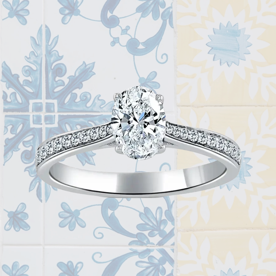 Hafeez Jewellery London Saffron 18k white gold oval diamond side stone pave engagement ring - pattern