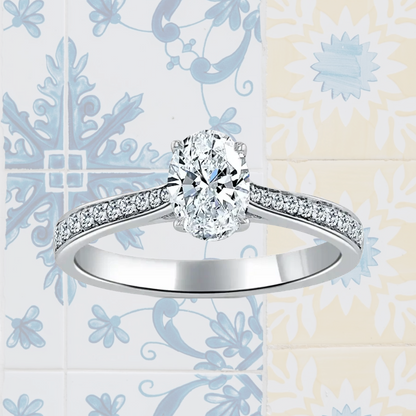 Hafeez Jewellery London Saffron 18k white gold oval diamond side stone pave engagement ring - pattern