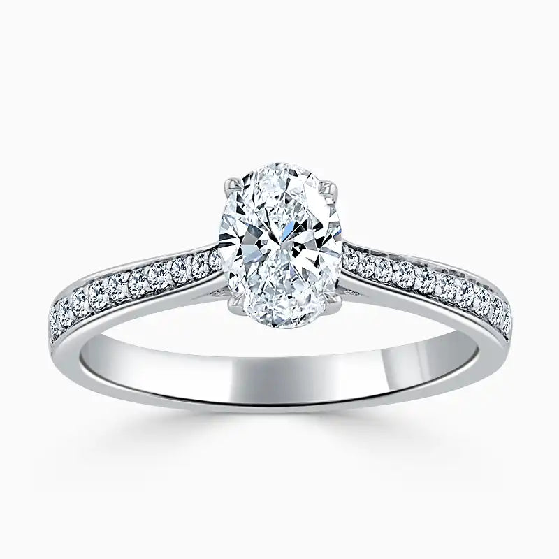 Hafeez Jewellery London Saffron 18k white gold oval diamond side stone pave engagement ring - top view