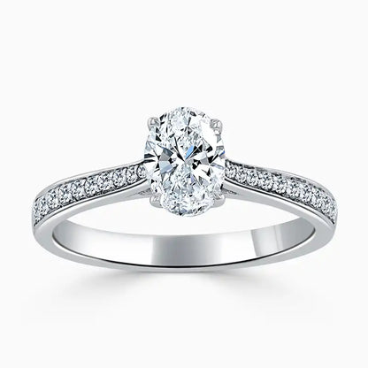 Hafeez Jewellery London Saffron 18k white gold oval diamond side stone pave engagement ring - top view