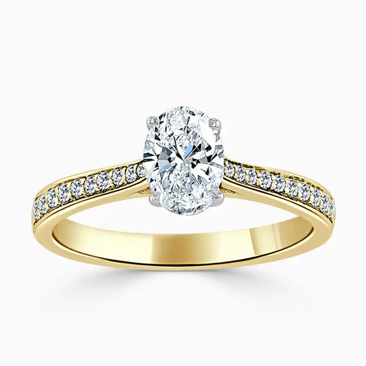 Hafeez Jewellery London Saffron 18k yellow gold oval diamond side stone pave engagement ring - top view