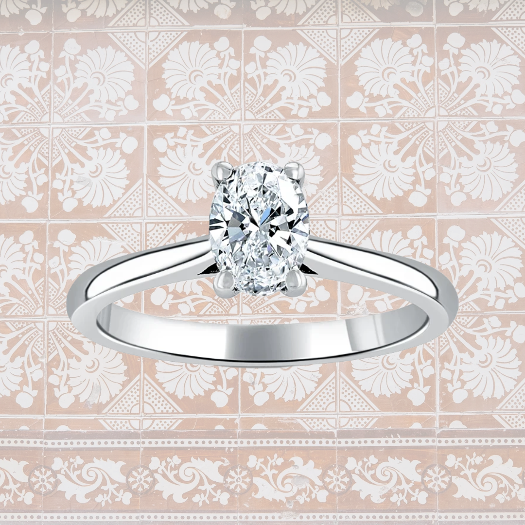Hafeez Jewellery London Musk 18k white gold oval diamond solitaire engagement ring - pattern