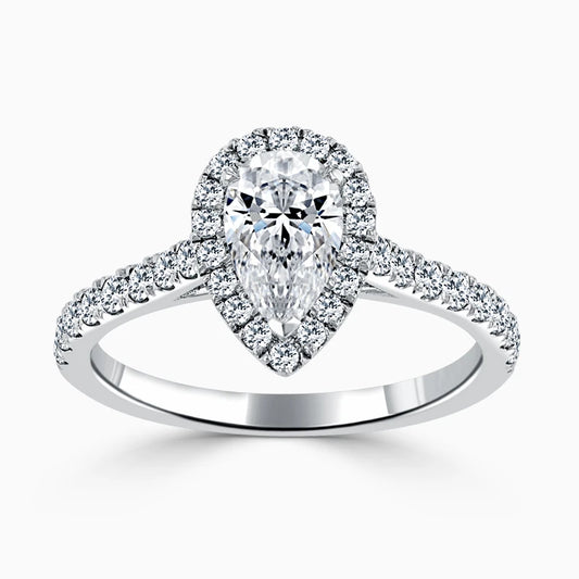 Hafeez Jewellery London Myrrh pear diamond halo engagement ring - top view