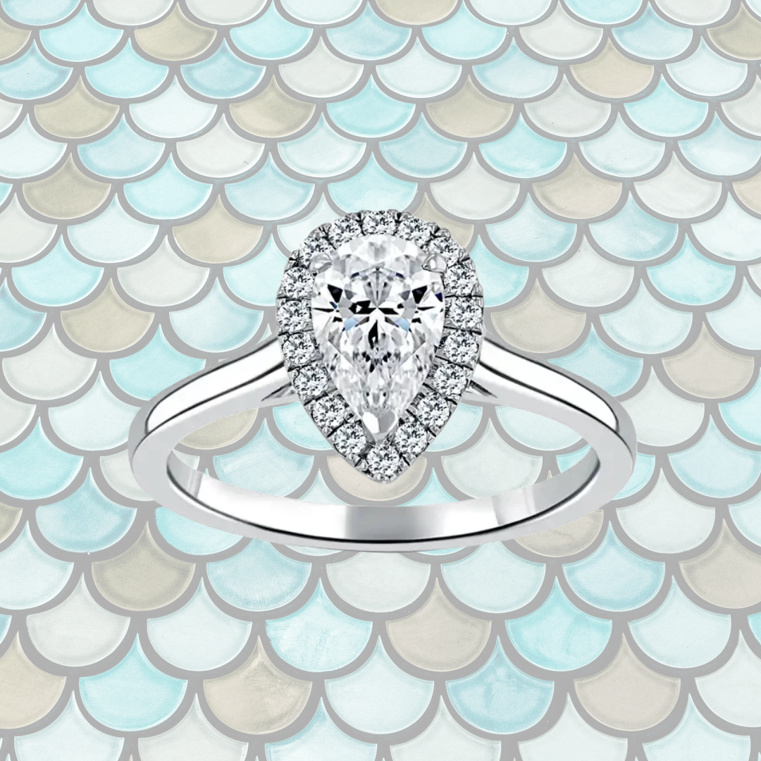 Hafeez Jewellery London Sandalwood platinum pear diamond halo engagement ring - pattern