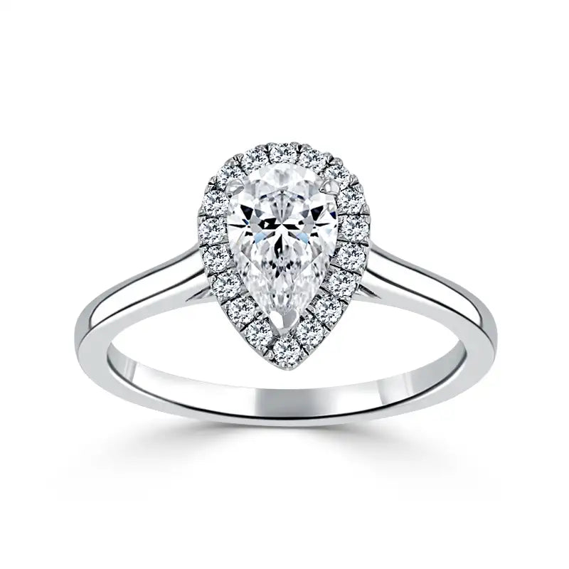 Hafeez Jewellery London Sandalwood platinum pear diamond halo engagement ring - top view