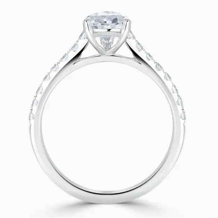 Hafeez Jewellery London Amber 18k white gold pear diamond side stone engagement ring - front view