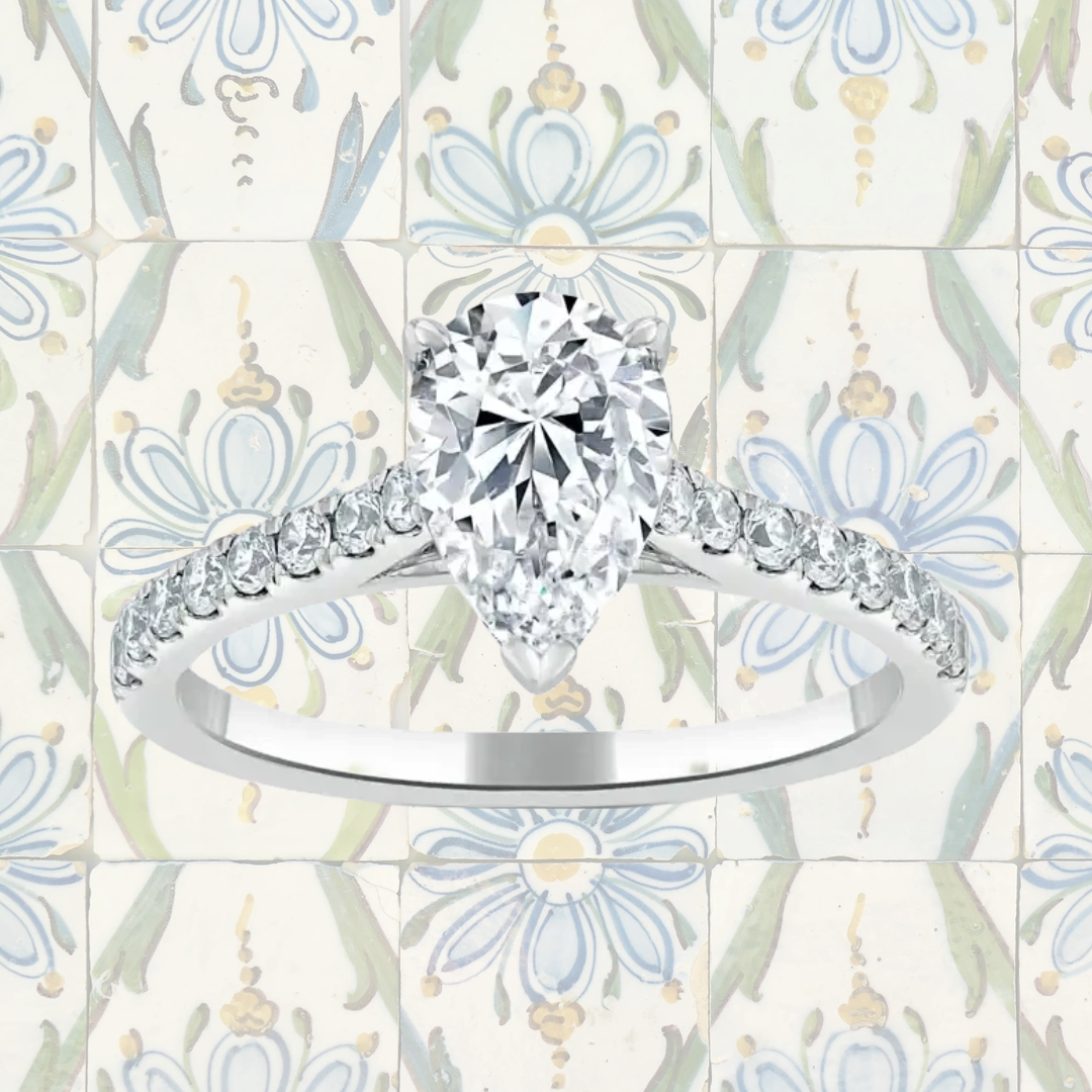 Hafeez Jewellery London Amber 18k white gold pear diamond side stone engagement ring - pattern