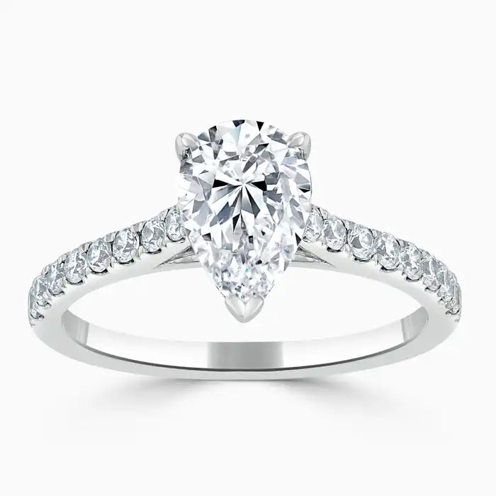 Hafeez Jewellery London Amber 18k white gold pear diamond side stone engagement ring - top view