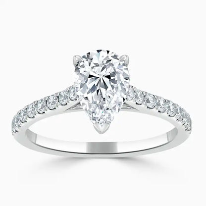 Hafeez Jewellery London Amber 18k white gold pear diamond side stone engagement ring - top view