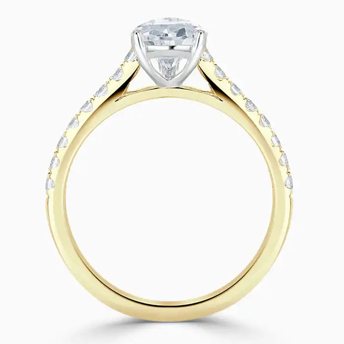 Hafeez Jewellery London Amber 18k yellow gold pear diamond side stone engagement ring - front view