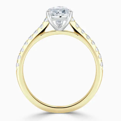 Hafeez Jewellery London Amber 18k yellow gold pear diamond side stone engagement ring - front view