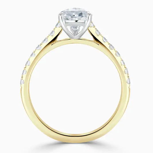 Hafeez Jewellery London Amber 18k yellow gold pear diamond side stone engagement ring - front view