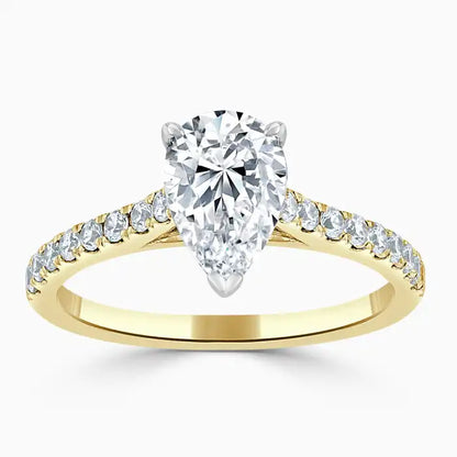 Hafeez Jewellery London Amber 18k yellow gold pear diamond side stone engagement ring - top view