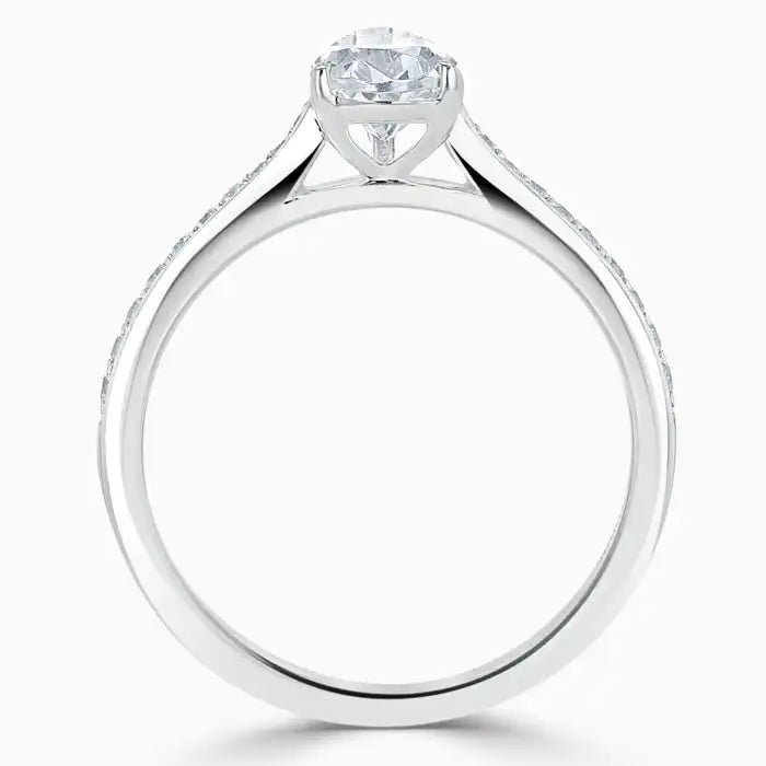 Hafeez Jewellery London Saffron 18k white gold pear diamond side stone pave engagement ring - front view